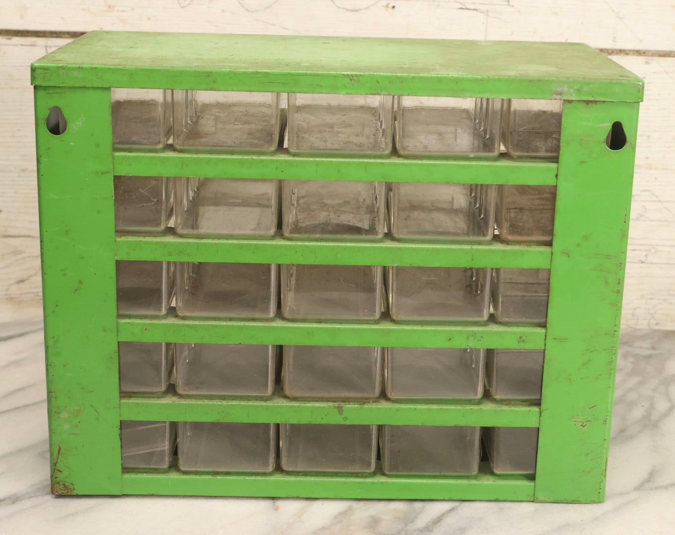 Lot 122 - Vintage Green Metal 25-Drawer Parts Organizer Cabinet With Clear Plastic Drawers