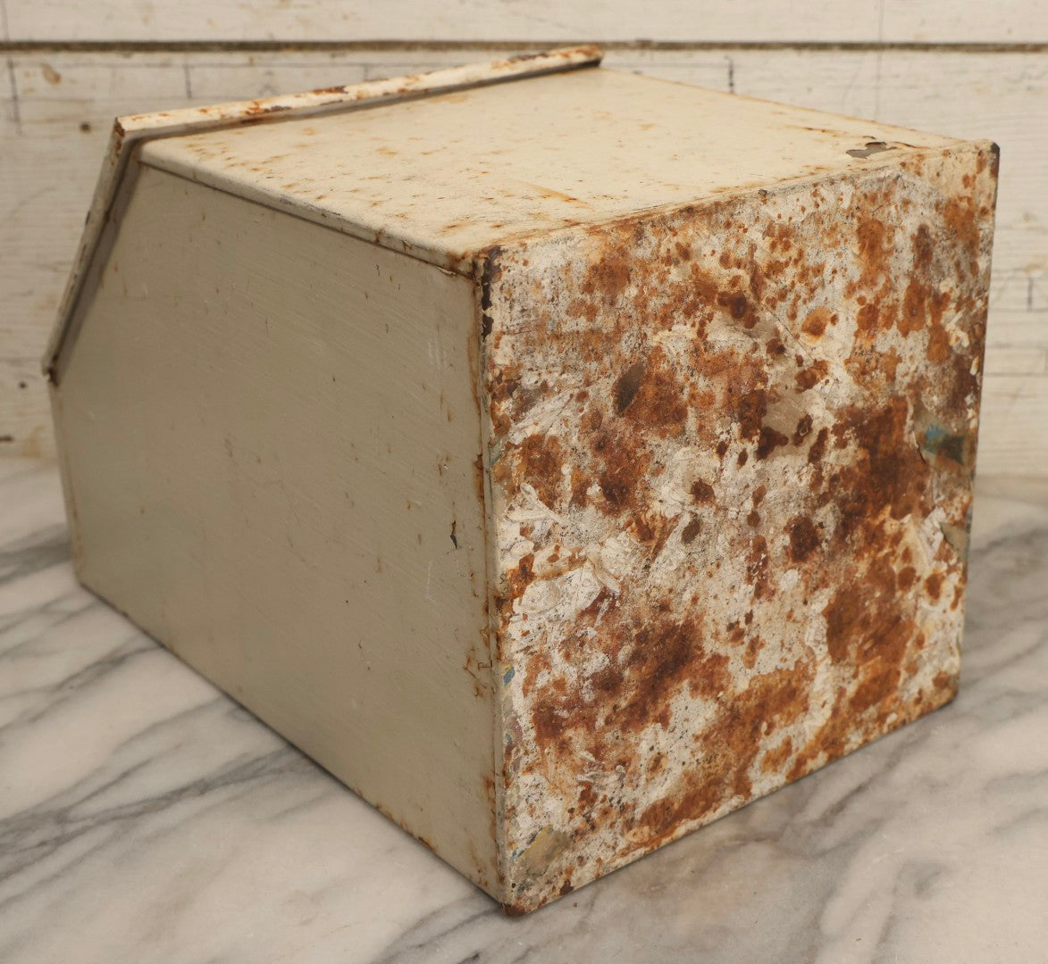 Lot 125 - Vintage White Painted Metal Milk Delivery Box With Hinged Lid And Heavy Surface Rust