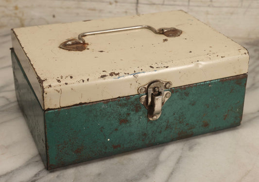 Lot 126 - Vintage Green And White Metal Toolbox With Hinged Lid And Steel Handle