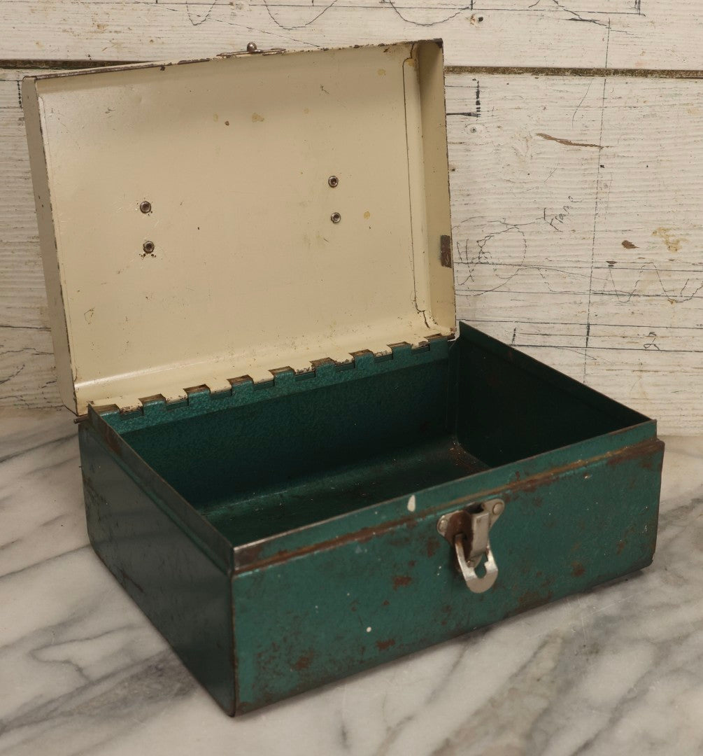 Lot 126 - Vintage Green And White Metal Toolbox With Hinged Lid And Steel Handle