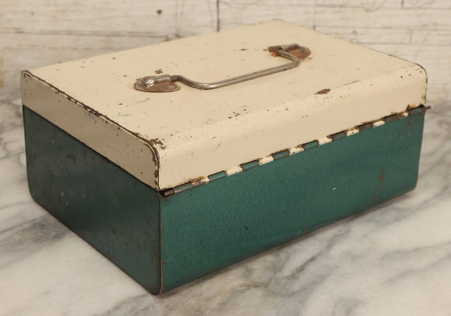 Lot 126 - Vintage Green And White Metal Toolbox With Hinged Lid And Steel Handle