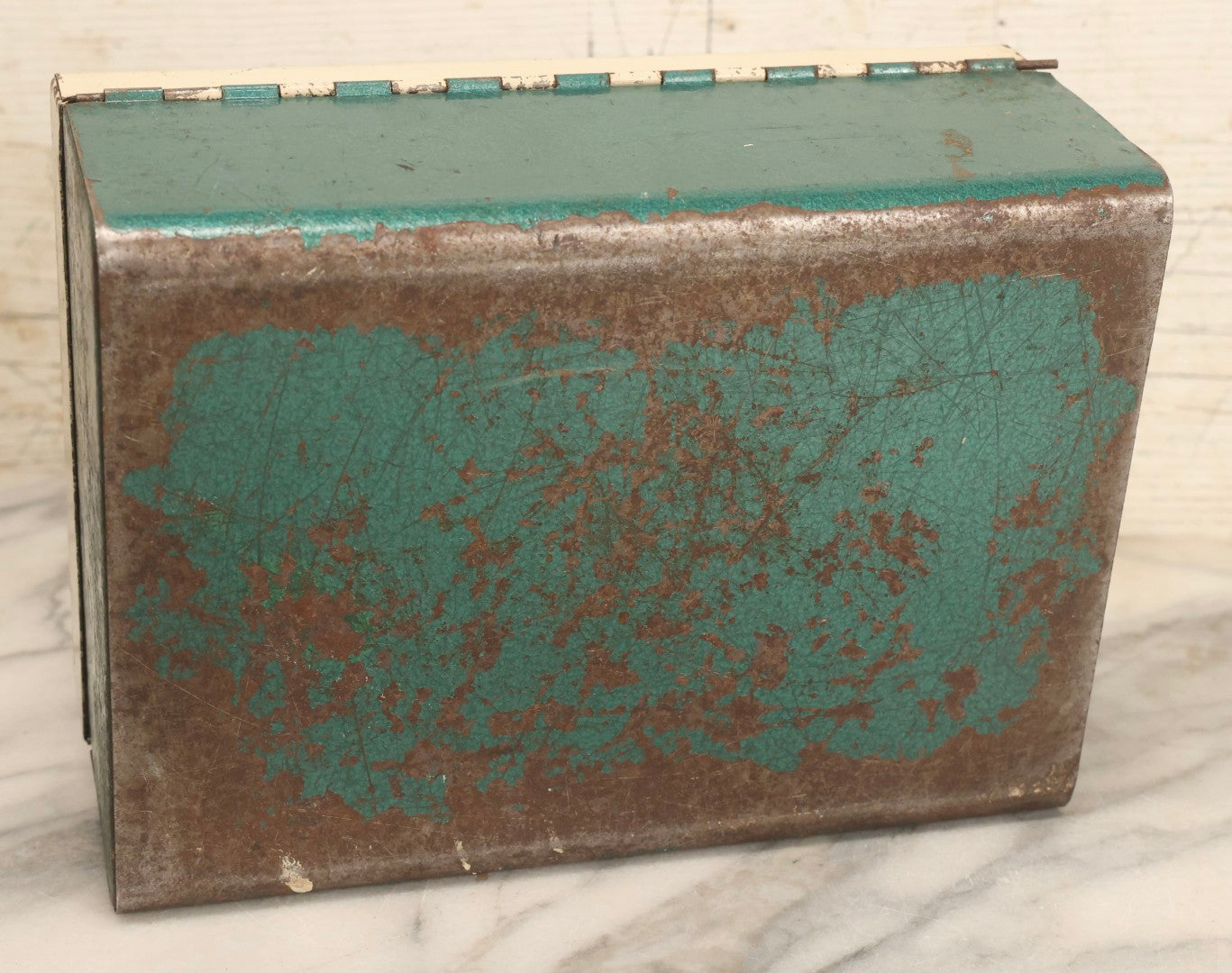 Lot 126 - Vintage Green And White Metal Toolbox With Hinged Lid And Steel Handle