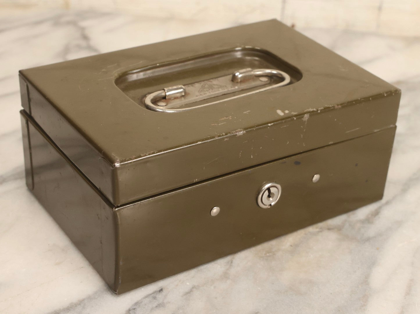 Lot 127 - Vintage Asco Olive Green Metal Cash Box With Lock And Recessed Steel Handle