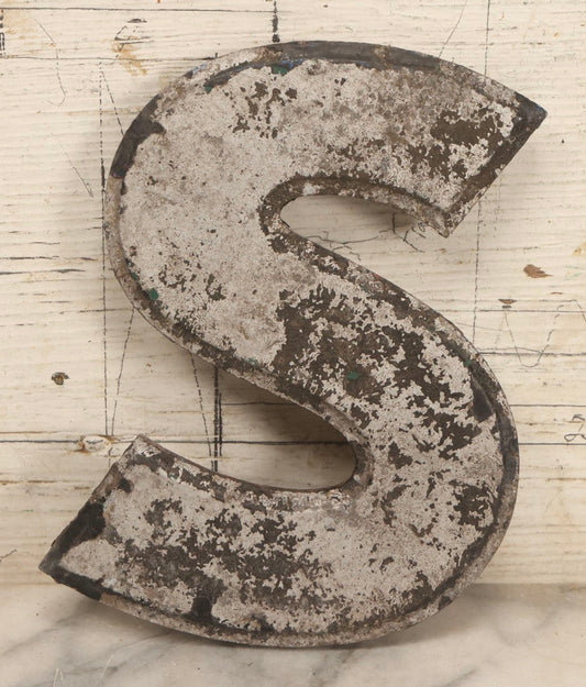 Lot 129 - Vintage Metal Letter S Sign With Heavy Surface Wear And Black Paint Remnants, Worn Maker And Patent Mark On Verso
