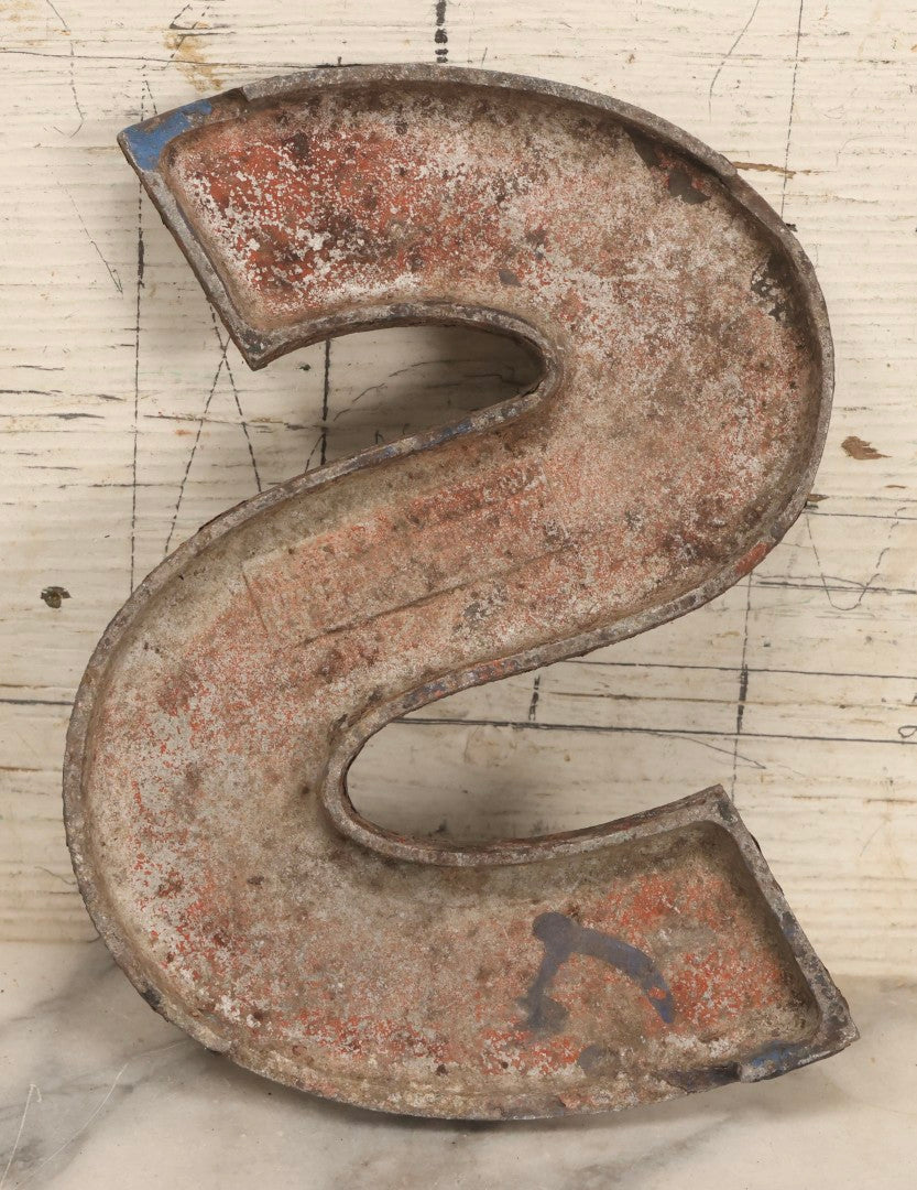 Lot 129 - Vintage Metal Letter S Sign With Heavy Surface Wear And Black Paint Remnants, Worn Maker And Patent Mark On Verso