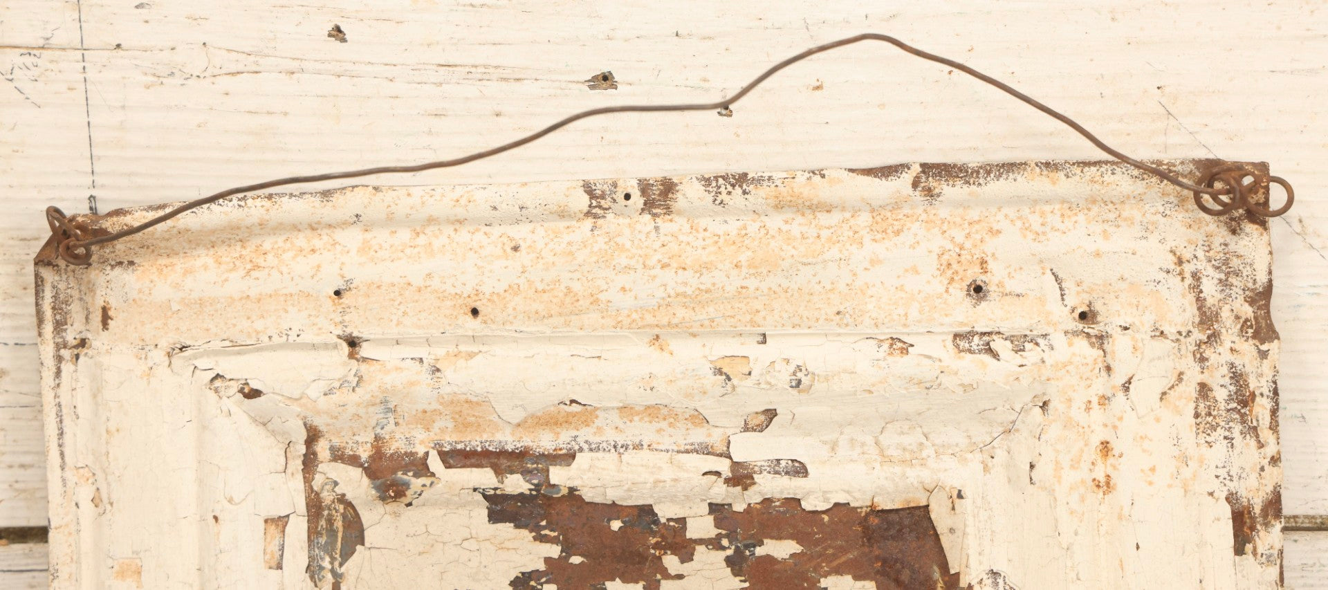 Lot 130 - Antique Pressed Tin Ceiling Tile Wall Hanging With White Paint, Pasted Postcard Of Surf Bathing At Old Orchard, Maine, Wire Hanger