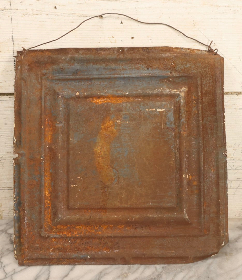 Lot 130 - Antique Pressed Tin Ceiling Tile Wall Hanging With White Paint, Pasted Postcard Of Surf Bathing At Old Orchard, Maine, Wire Hanger