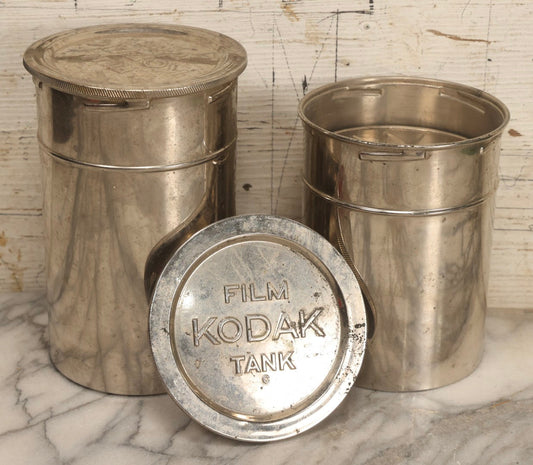 Lot 131 - Pair Of Vintage Kodak Stainless Steel Film Developing Tanks With Reels And Aprons