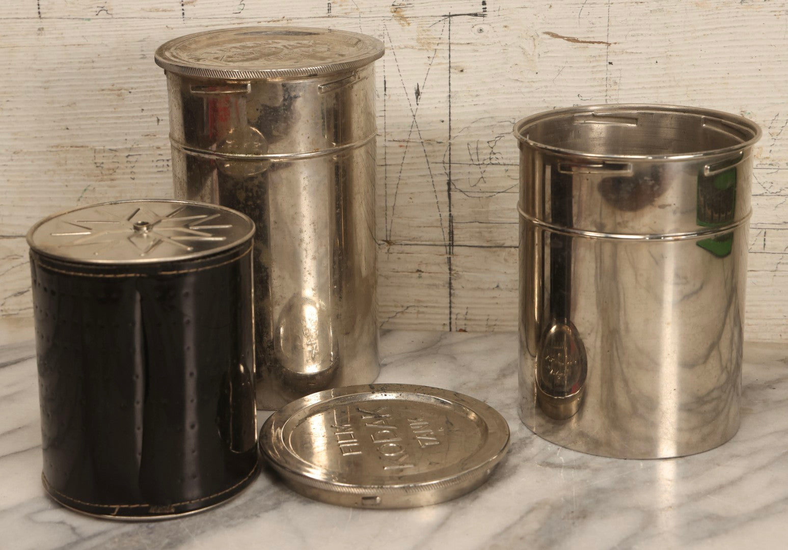 Lot 131 - Pair Of Vintage Kodak Stainless Steel Film Developing Tanks With Reels And Aprons