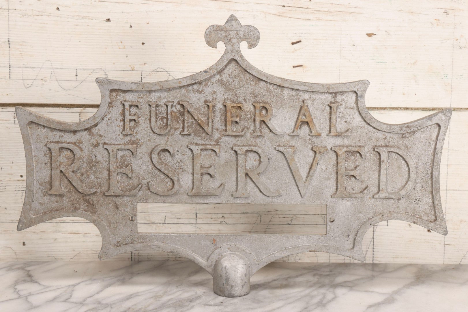 Lot 002 - Antique Double-Sided Cast Metal Bat-Wing Funeral Reserved Sign