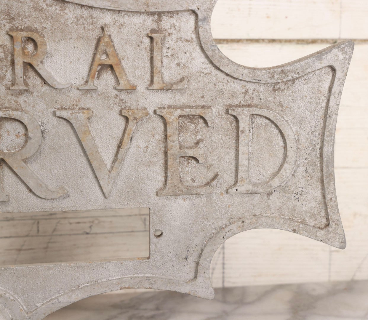 Lot 002 - Antique Double-Sided Cast Metal Bat-Wing Funeral Reserved Sign