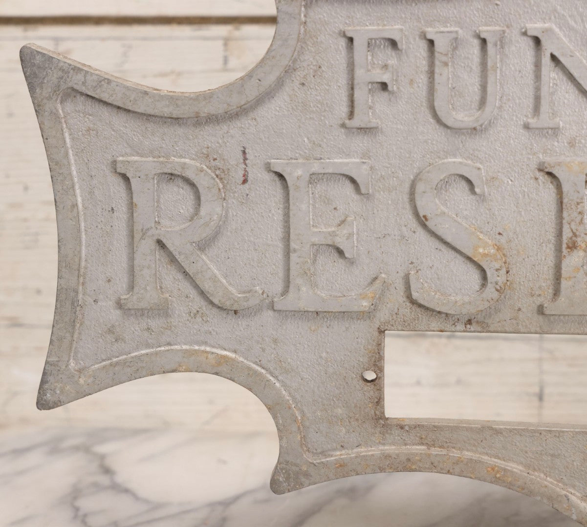 Lot 002 - Antique Double-Sided Cast Metal Bat-Wing Funeral Reserved Sign