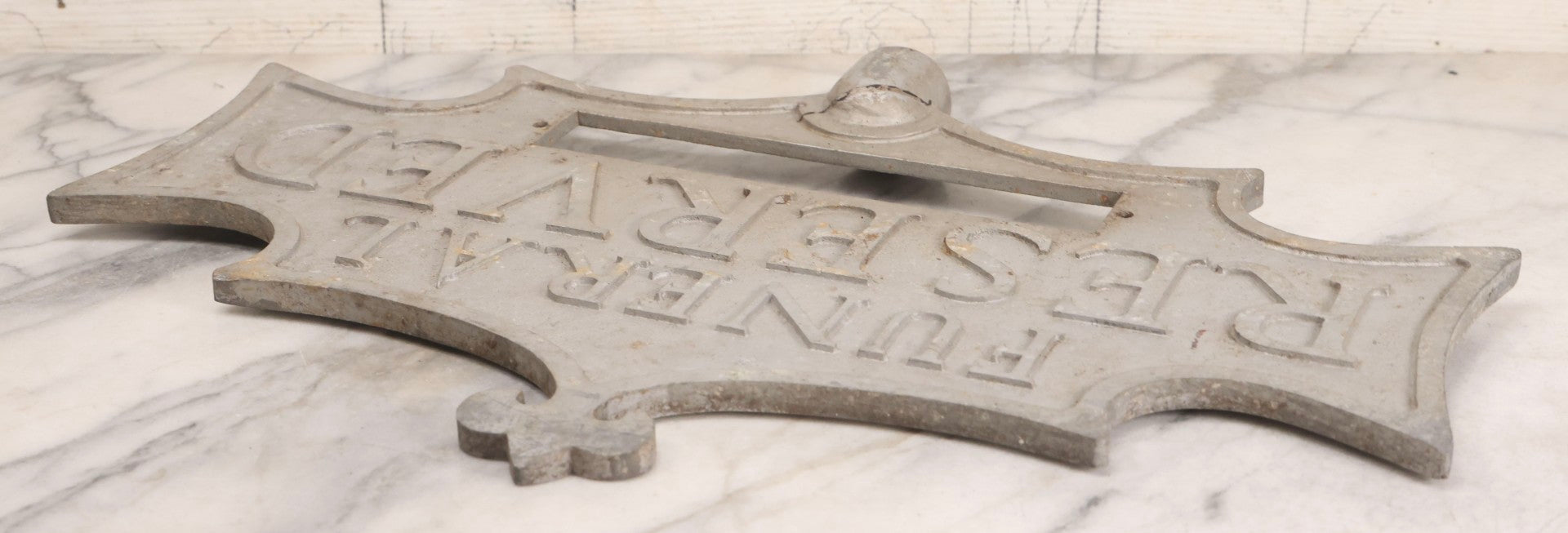 Lot 002 - Antique Double-Sided Cast Metal Bat-Wing Funeral Reserved Sign