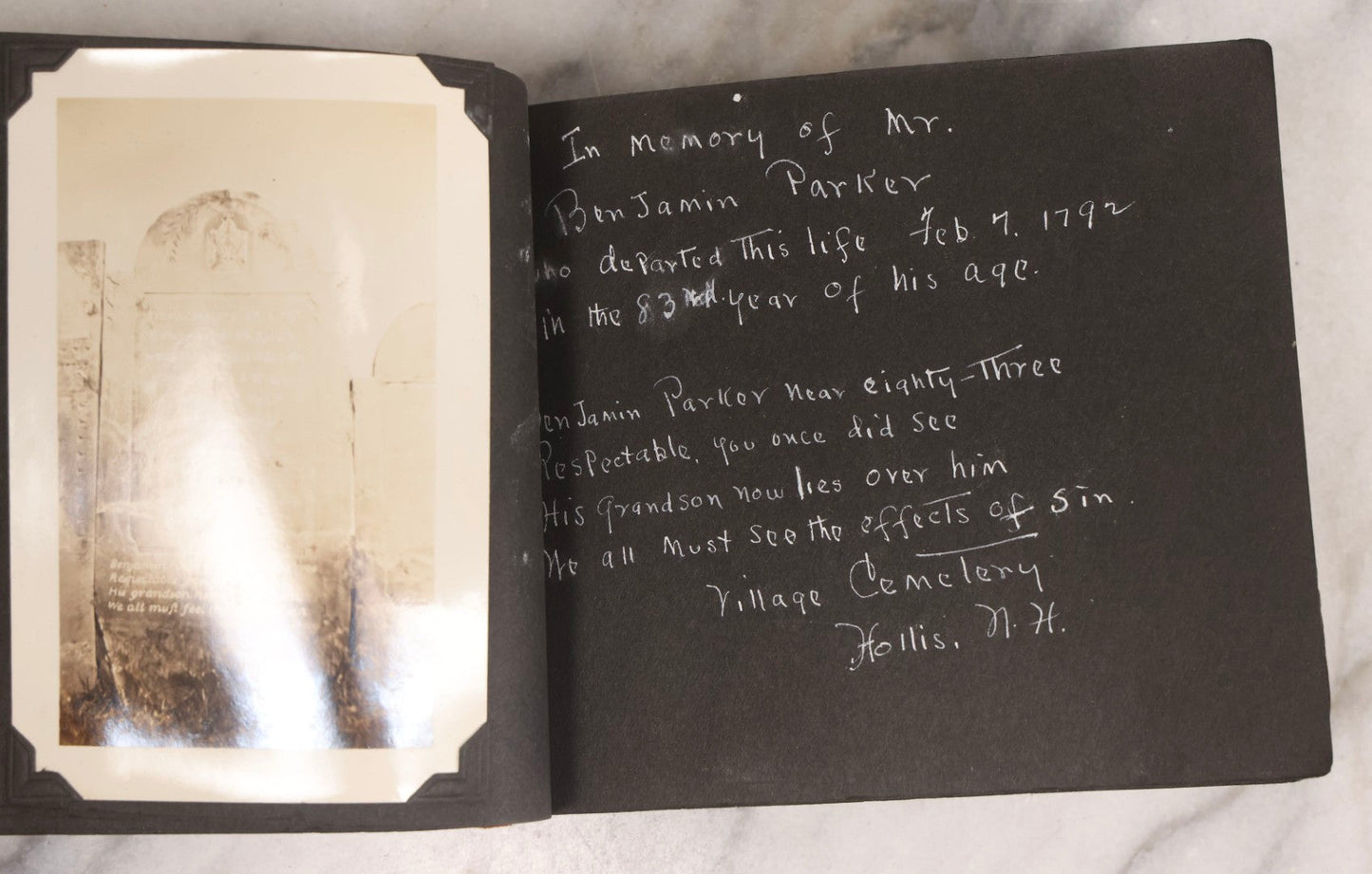 Lot 003 - Antique Snapshot Photo Album Of New England Gravestones With Handwritten Epitaph Transcriptions, Circa 1925–1930