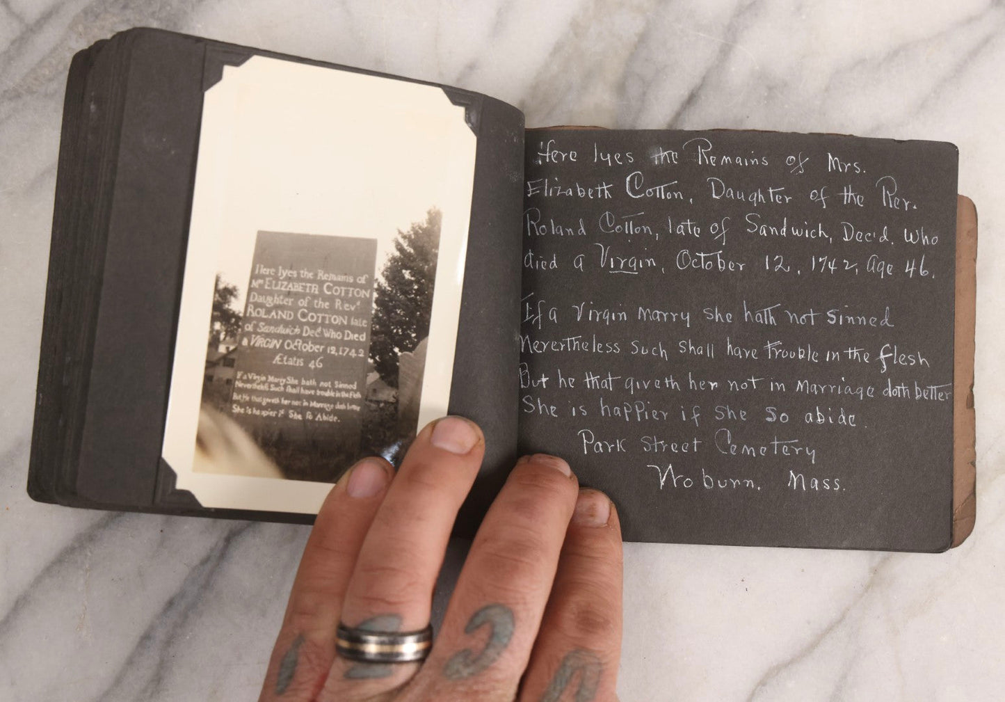 Lot 003 - Antique Snapshot Photo Album Of New England Gravestones With Handwritten Epitaph Transcriptions, Circa 1925–1930