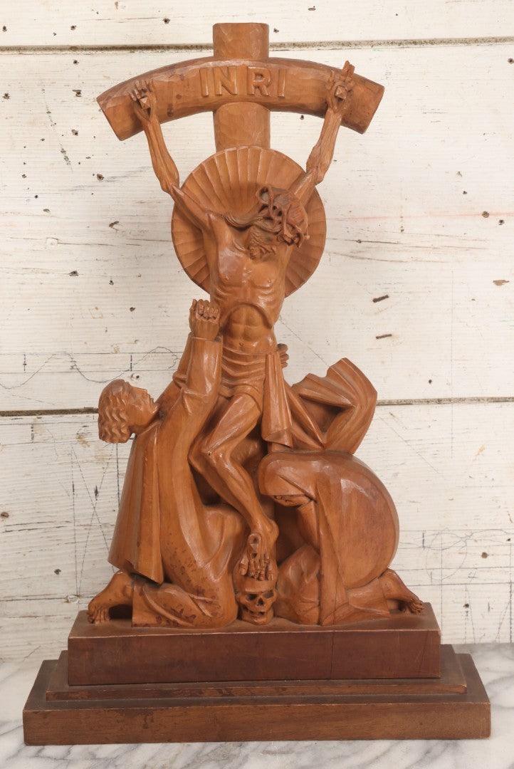 Lot 011 - Antique Folk Art Hand Carved Wooden Golgotha Crucifix With Skull And Crossbones Of Adam, Inri Cross, Mourners