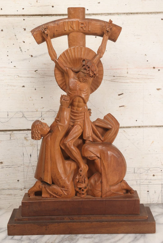 Lot 011 - Antique Folk Art Hand Carved Wooden Golgotha Crucifix With Skull And Crossbones Of Adam, Inri Cross, Mourners