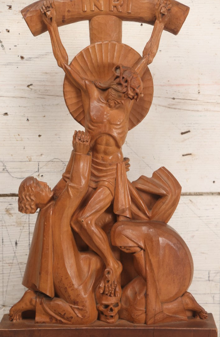 Lot 011 - Antique Folk Art Hand Carved Wooden Golgotha Crucifix With Skull And Crossbones Of Adam, Inri Cross, Mourners