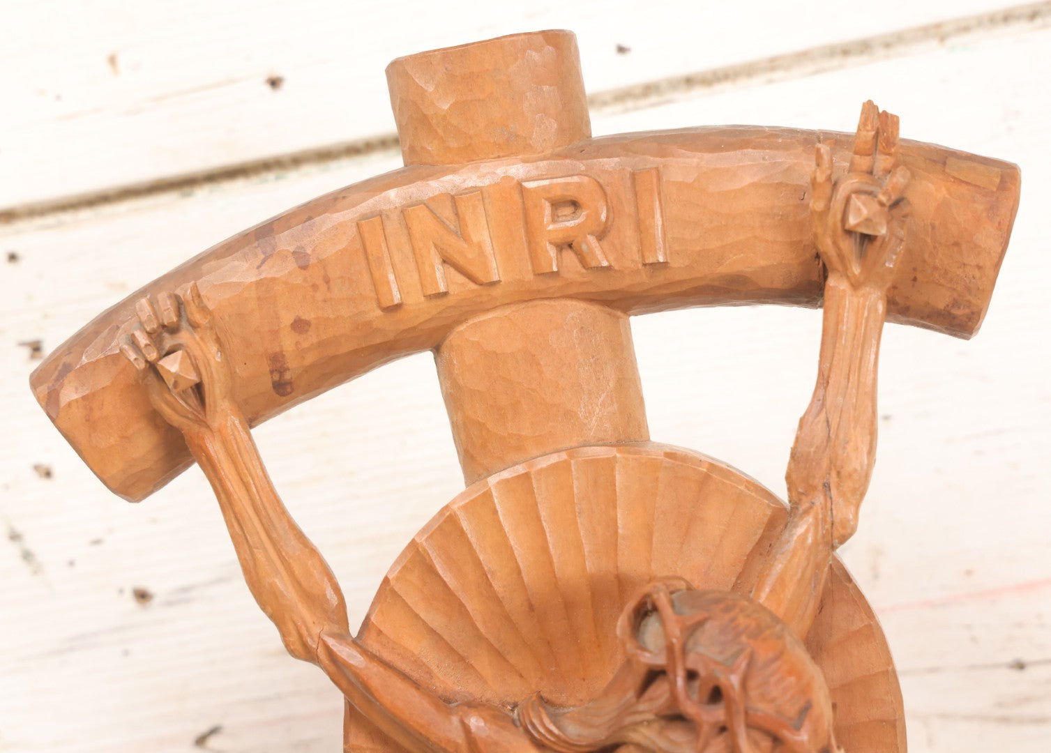 Lot 011 - Antique Folk Art Hand Carved Wooden Golgotha Crucifix With Skull And Crossbones Of Adam, Inri Cross, Mourners
