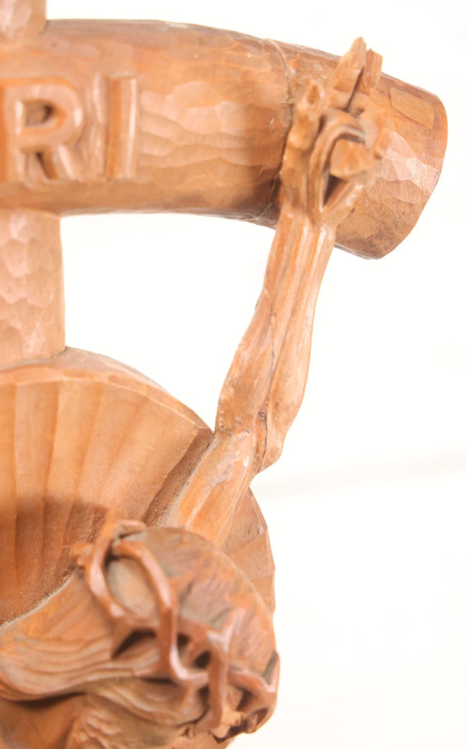 Lot 011 - Antique Folk Art Hand Carved Wooden Golgotha Crucifix With Skull And Crossbones Of Adam, Inri Cross, Mourners