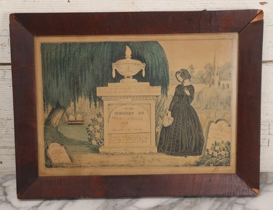 Lot 012 - Antique Hand-Colored Mourning Lithograph By N. Currier, 1845, With Multiple Family Memorial Gravestones