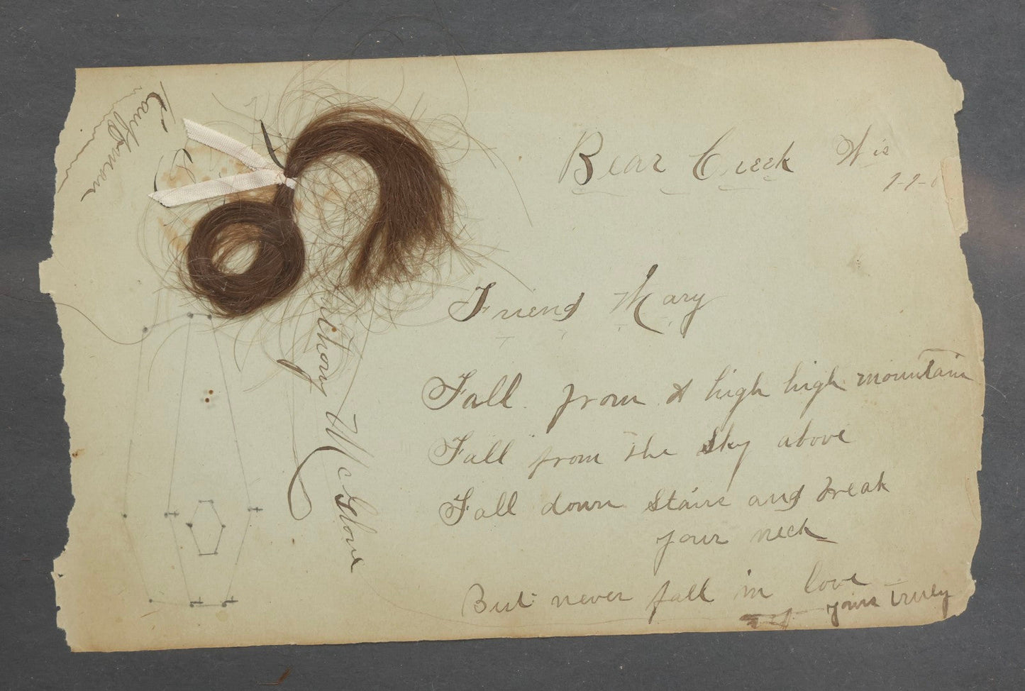 Lot 013 - Antique Victorian Memento Mori Hair Keepsake With Handwritten Poem And Coffin Drawing, Bear Creek, Wisconsin, Circa 1880s