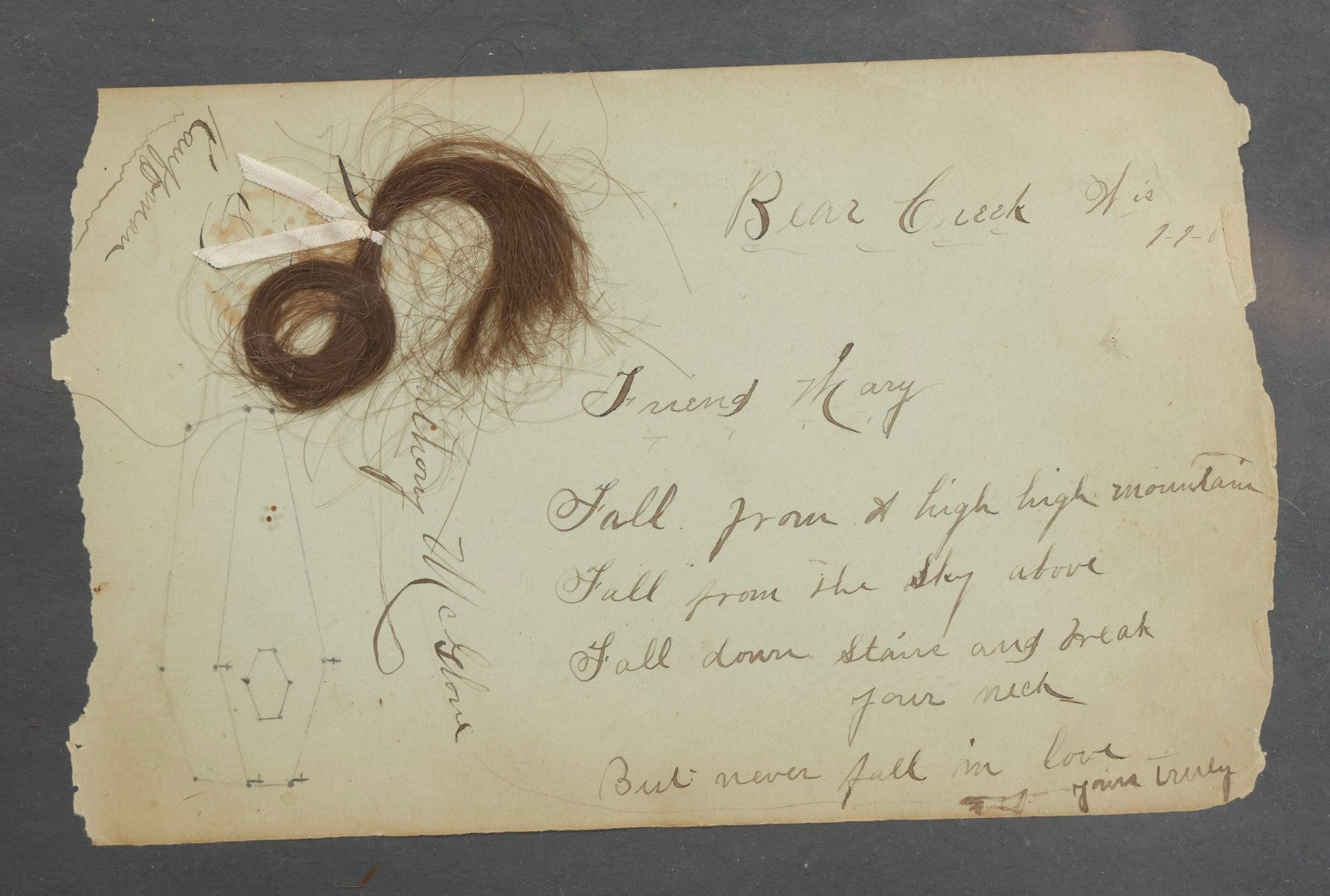 Lot 013 - Antique Victorian Memento Mori Hair Keepsake With Handwritten Poem And Coffin Drawing, Bear Creek, Wisconsin, Circa 1880s