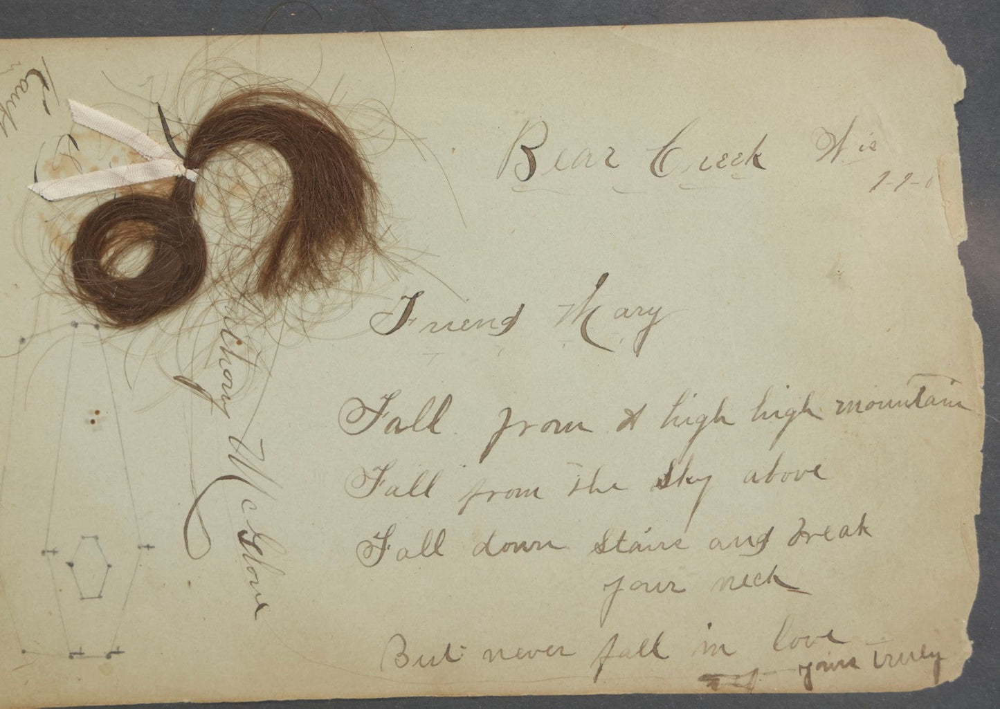 Lot 013 - Antique Victorian Memento Mori Hair Keepsake With Handwritten Poem And Coffin Drawing, Bear Creek, Wisconsin, Circa 1880s