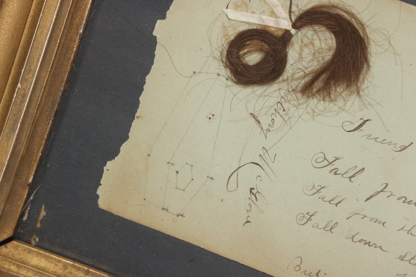 Lot 013 - Antique Victorian Memento Mori Hair Keepsake With Handwritten Poem And Coffin Drawing, Bear Creek, Wisconsin, Circa 1880s