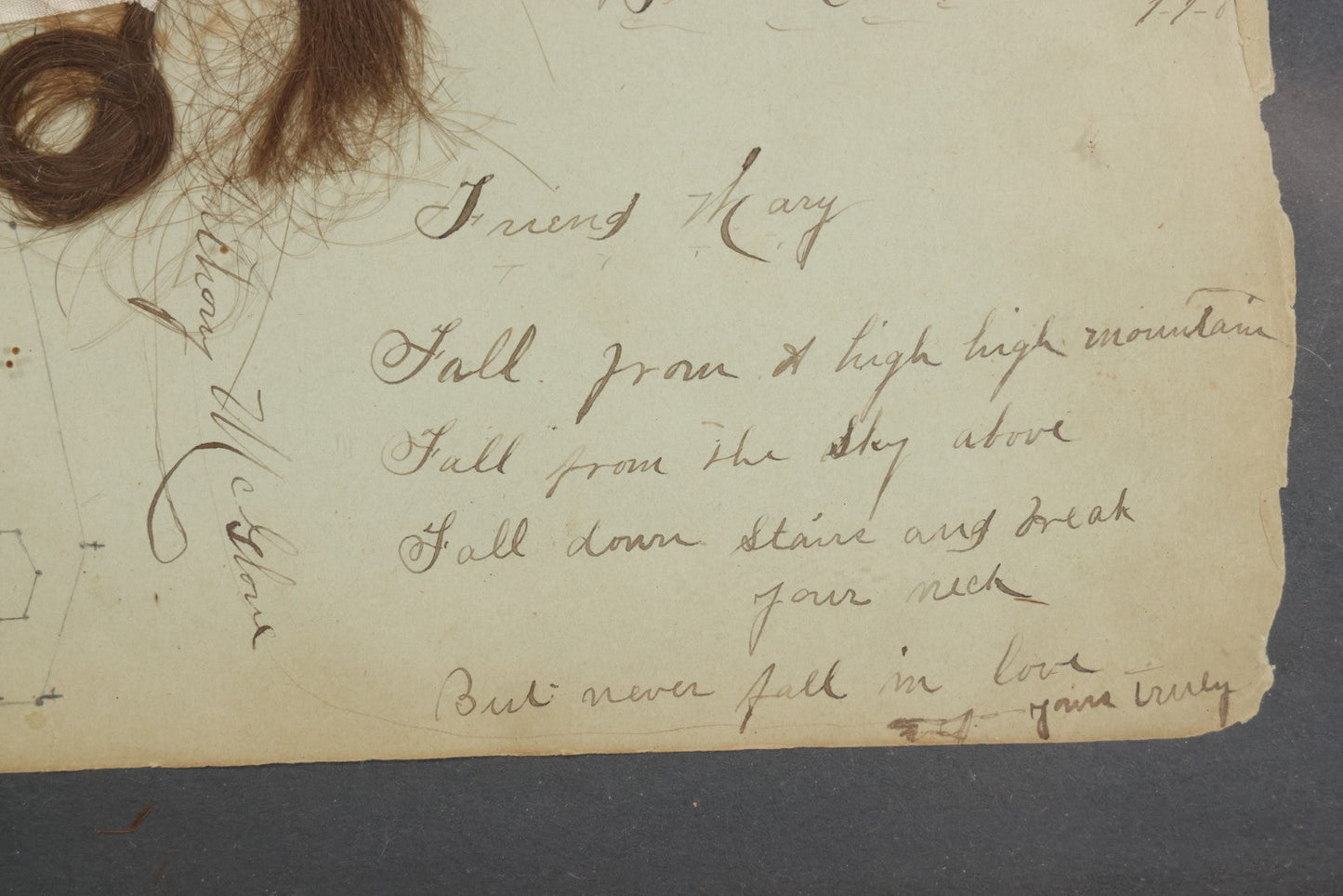 Lot 013 - Antique Victorian Memento Mori Hair Keepsake With Handwritten Poem And Coffin Drawing, Bear Creek, Wisconsin, Circa 1880s