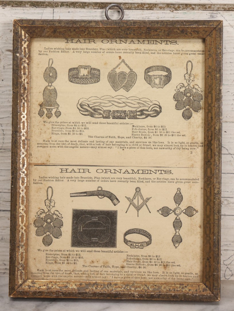Lot 014 - Pair Of Antique Victorian Hair Jewelry Advertisements In Frame, Double Broadside With Jewelry Illustrations, 19th Century