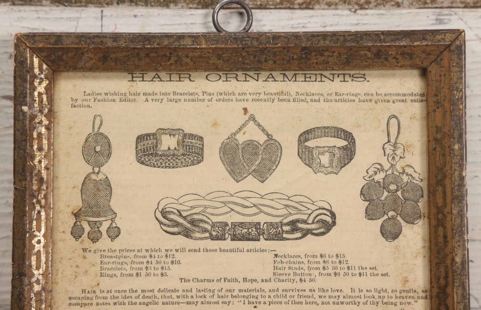 Lot 014 - Pair Of Antique Victorian Hair Jewelry Advertisements In Frame, Double Broadside With Jewelry Illustrations, 19th Century
