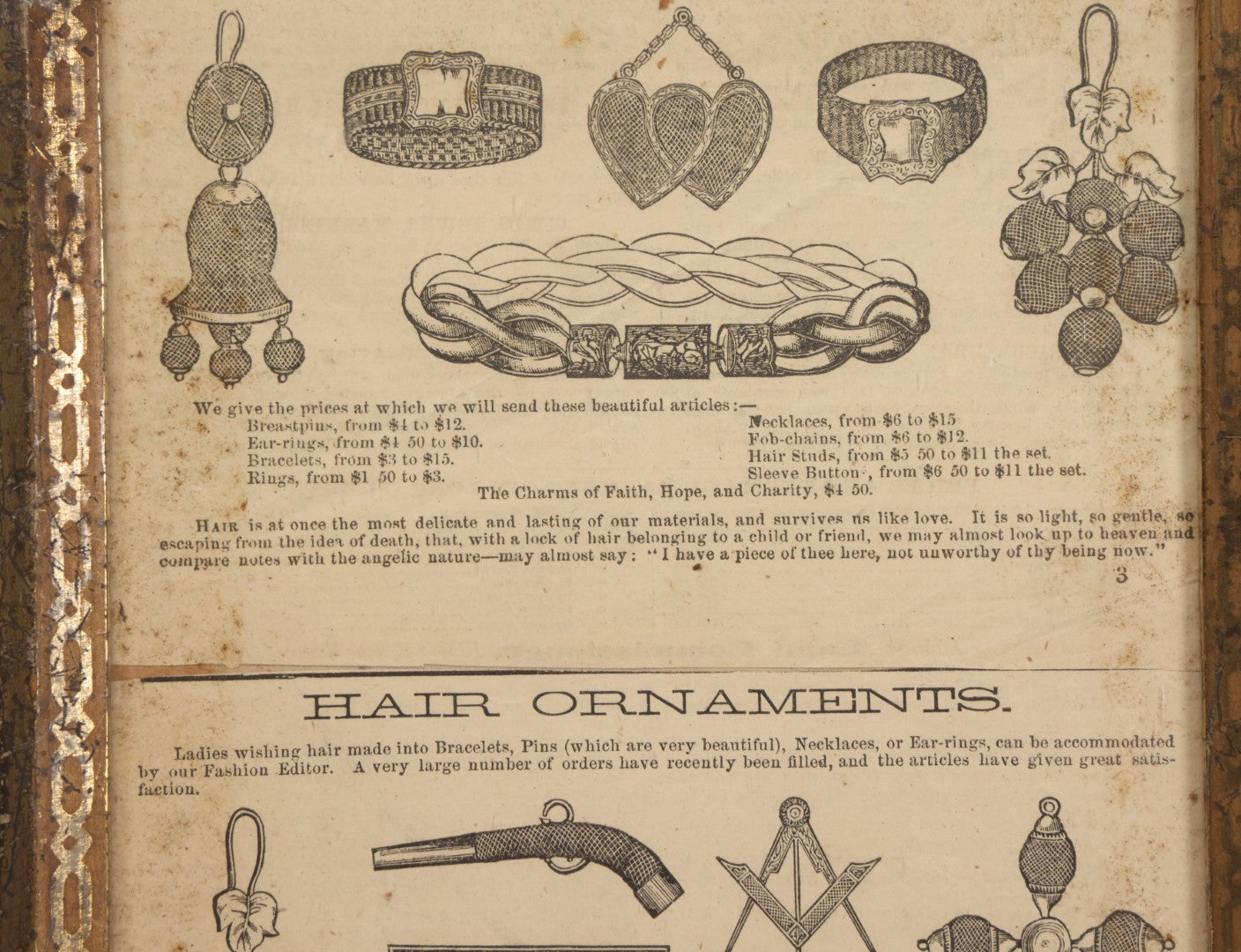 Lot 014 - Pair Of Antique Victorian Hair Jewelry Advertisements In Frame, Double Broadside With Jewelry Illustrations, 19th Century