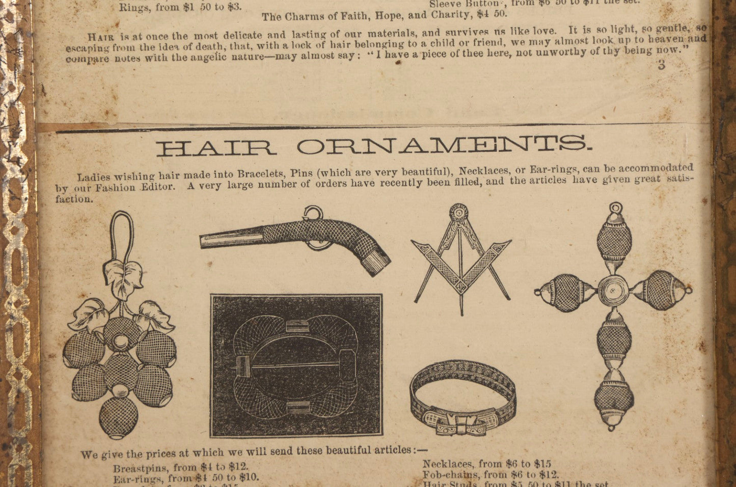 Lot 014 - Pair Of Antique Victorian Hair Jewelry Advertisements In Frame, Double Broadside With Jewelry Illustrations, 19th Century