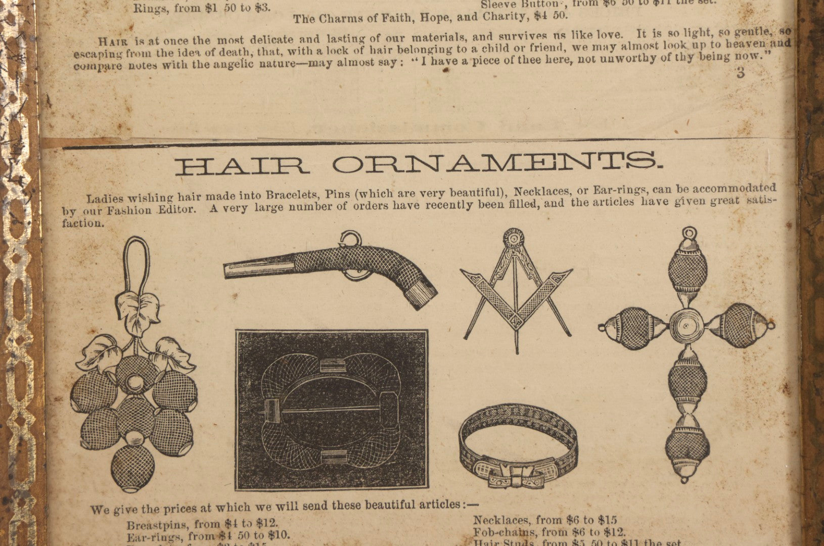 Lot 014 - Pair Of Antique Victorian Hair Jewelry Advertisements In Frame, Double Broadside With Jewelry Illustrations, 19th Century