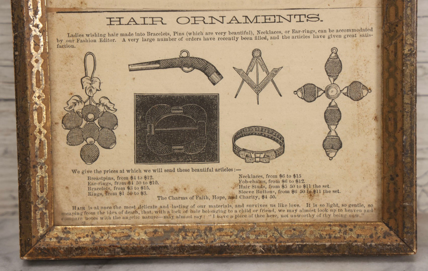 Lot 014 - Pair Of Antique Victorian Hair Jewelry Advertisements In Frame, Double Broadside With Jewelry Illustrations, 19th Century