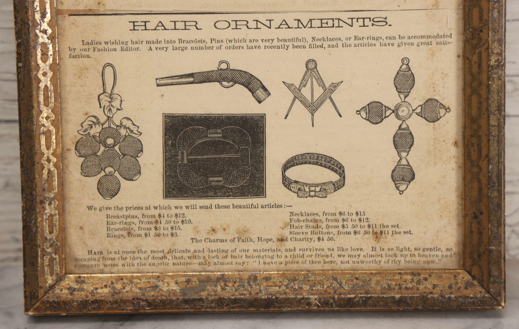 Lot 014 - Pair Of Antique Victorian Hair Jewelry Advertisements In Frame, Double Broadside With Jewelry Illustrations, 19th Century