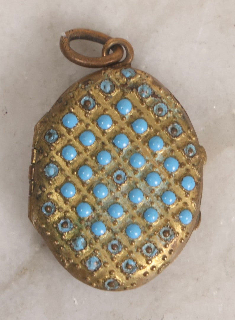 Lot 015 - Antique Victorian Gilt Metal Hair Locket With Turquoise Glass Cabochons, Portrait Photograph And Hair Keepsake, In Taylor's Diamonds Box