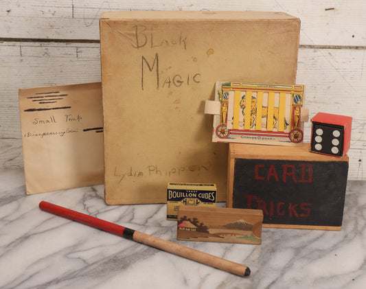 Lot 022 - Vintage Child's “Black Magic” Magic Trick Box Group, Belonging To Lydia Phippen, Assorted Tricks And Ephemera