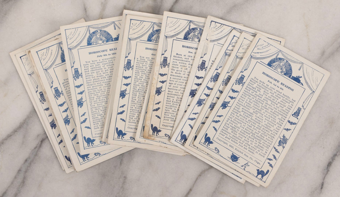 Lot 024 - Antique Set Of 20 Horoscope Reading Cards, Coin-Op Fortune Cards, Copyright 1925 Exhibit Supply Co., Chicago