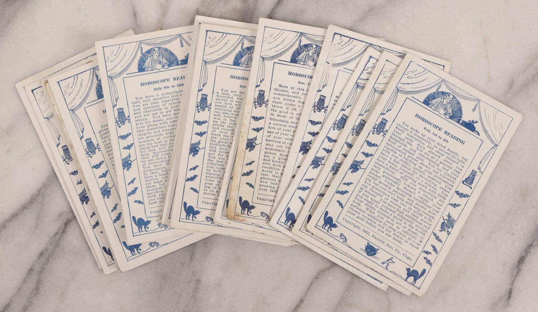 Lot 024 - Antique Set Of 20 Horoscope Reading Cards, Coin-Op Fortune Cards, Copyright 1925 Exhibit Supply Co., Chicago