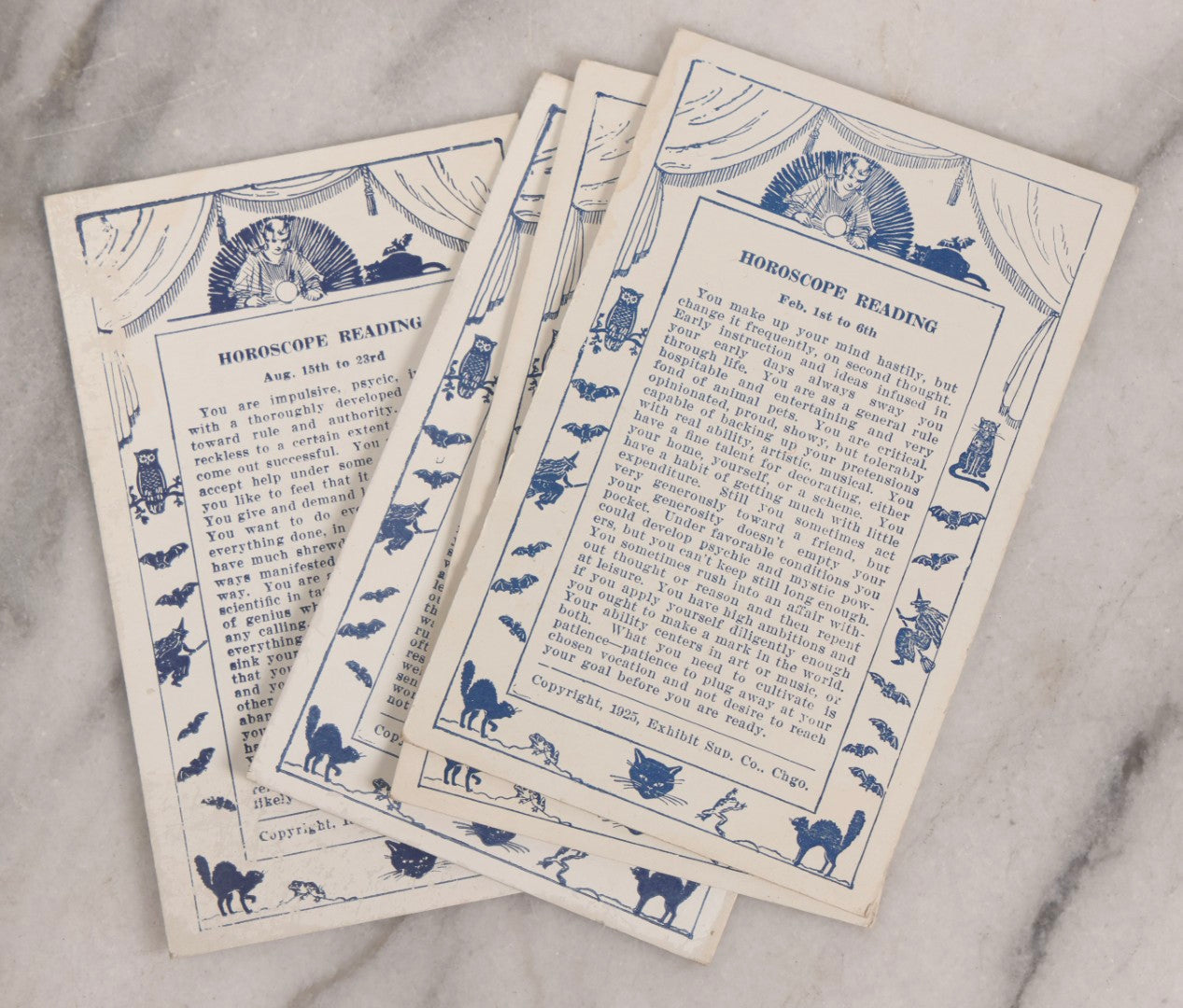 Lot 024 - Antique Set Of 20 Horoscope Reading Cards, Coin-Op Fortune Cards, Copyright 1925 Exhibit Supply Co., Chicago