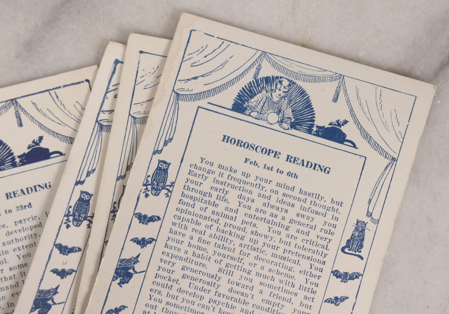 Lot 024 - Antique Set Of 20 Horoscope Reading Cards, Coin-Op Fortune Cards, Copyright 1925 Exhibit Supply Co., Chicago