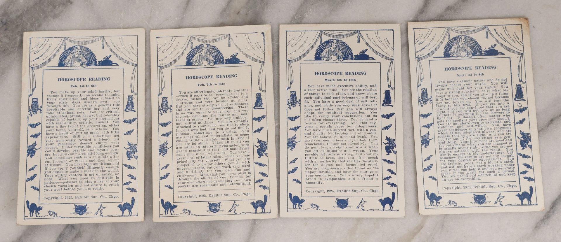 Lot 024 - Antique Set Of 20 Horoscope Reading Cards, Coin-Op Fortune Cards, Copyright 1925 Exhibit Supply Co., Chicago