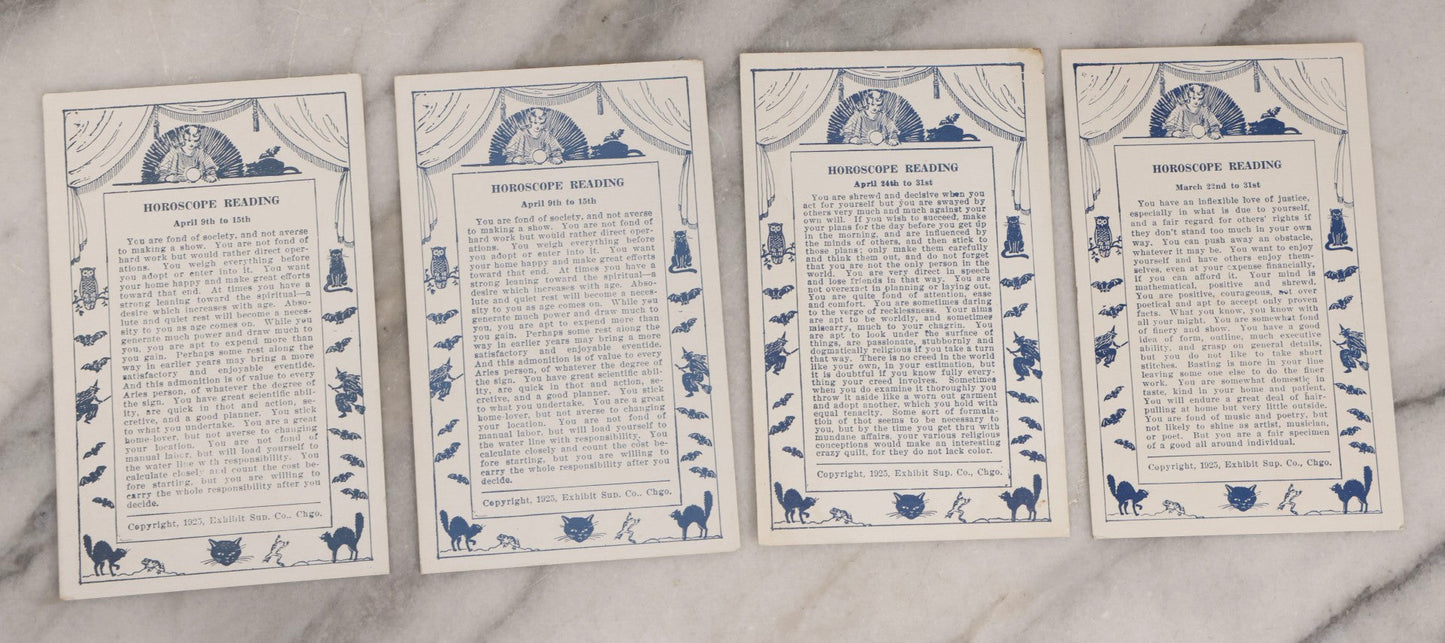 Lot 024 - Antique Set Of 20 Horoscope Reading Cards, Coin-Op Fortune Cards, Copyright 1925 Exhibit Supply Co., Chicago