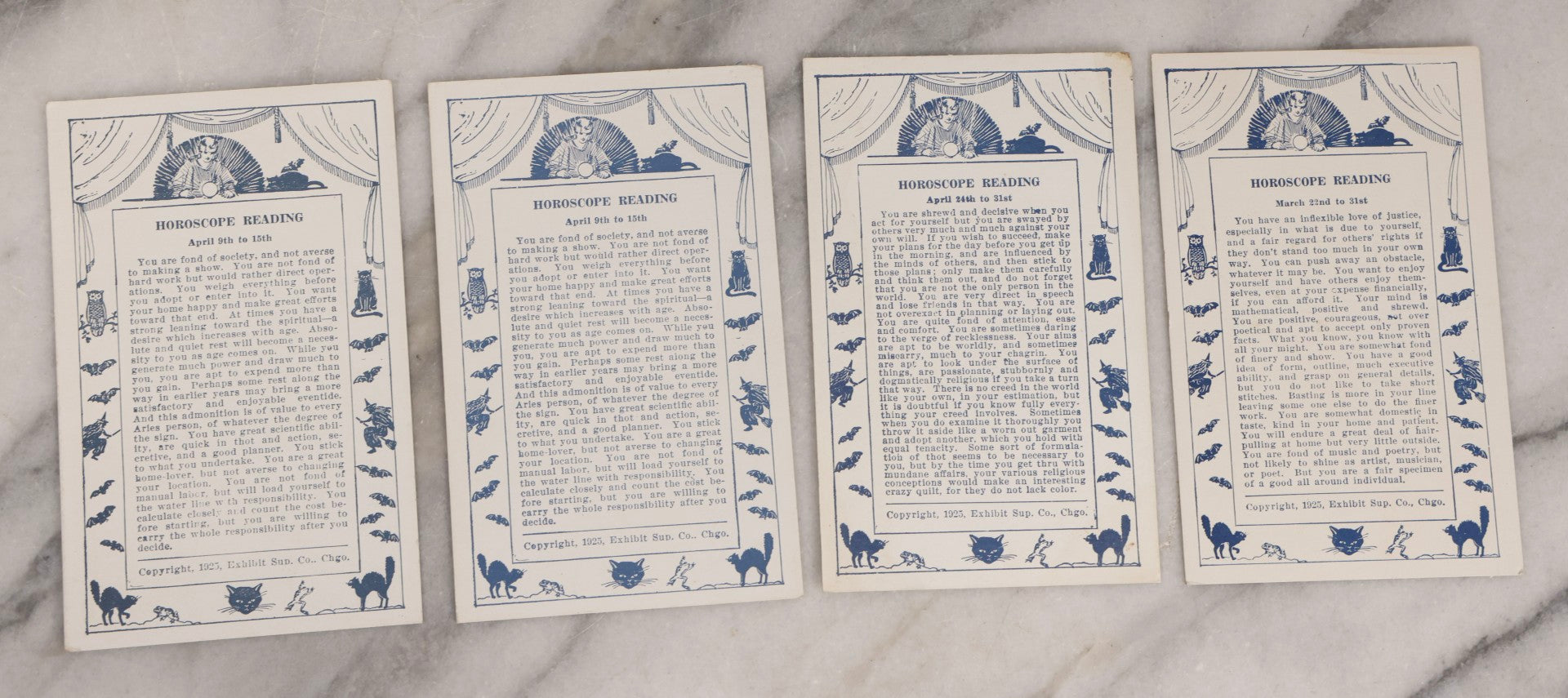 Lot 024 - Antique Set Of 20 Horoscope Reading Cards, Coin-Op Fortune Cards, Copyright 1925 Exhibit Supply Co., Chicago
