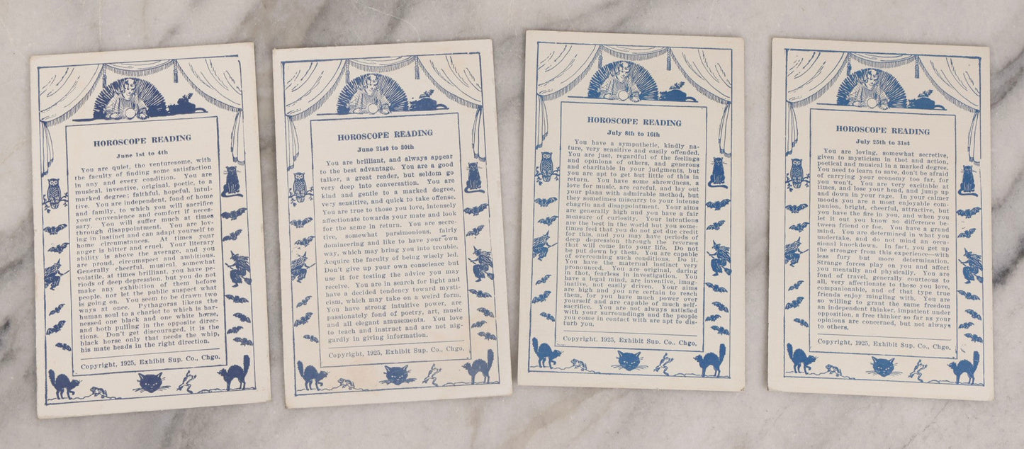 Lot 024 - Antique Set Of 20 Horoscope Reading Cards, Coin-Op Fortune Cards, Copyright 1925 Exhibit Supply Co., Chicago