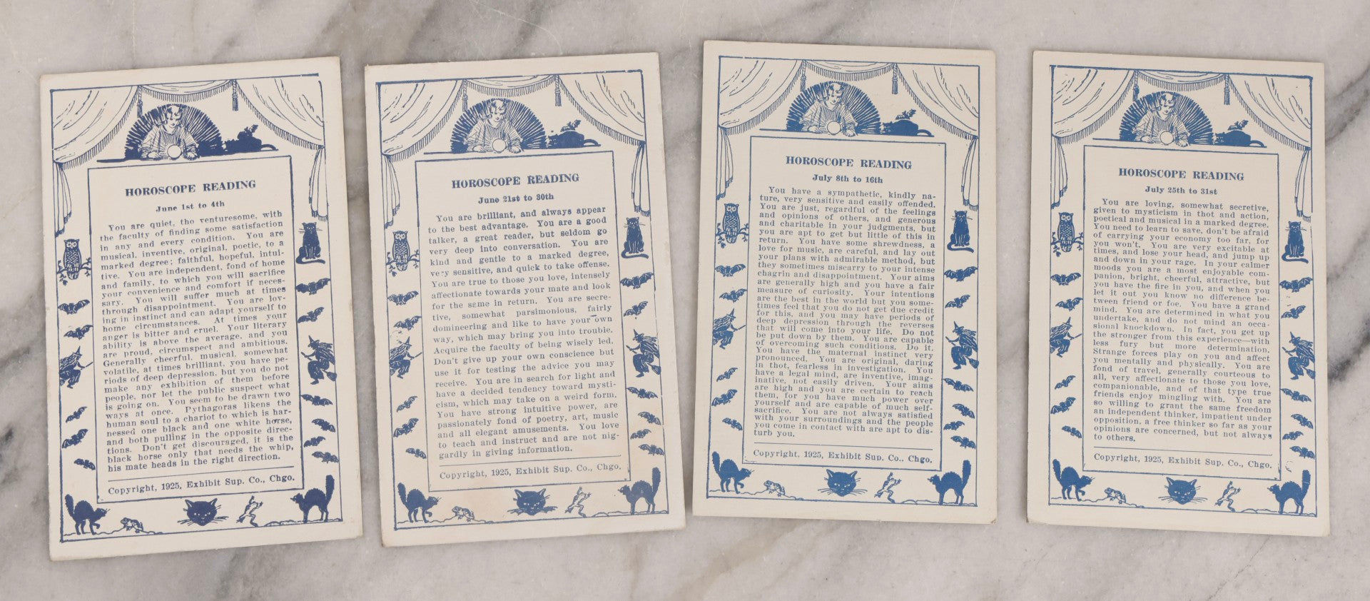 Lot 024 - Antique Set Of 20 Horoscope Reading Cards, Coin-Op Fortune Cards, Copyright 1925 Exhibit Supply Co., Chicago