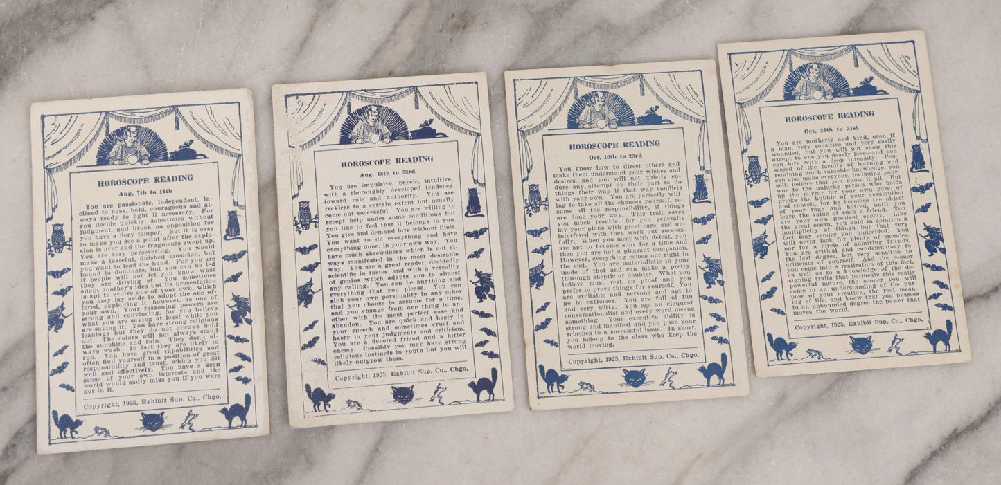 Lot 024 - Antique Set Of 20 Horoscope Reading Cards, Coin-Op Fortune Cards, Copyright 1925 Exhibit Supply Co., Chicago