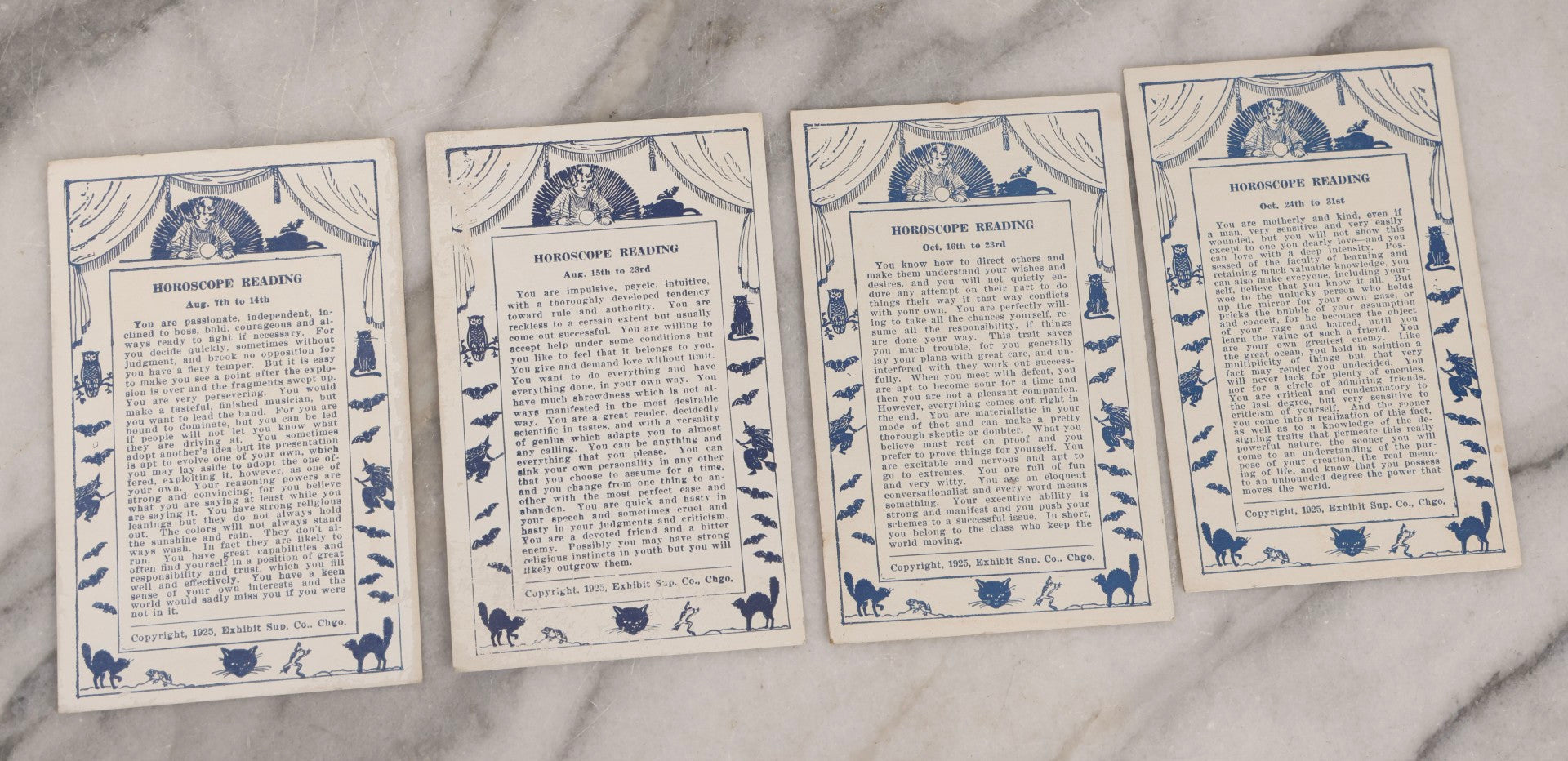 Lot 024 - Antique Set Of 20 Horoscope Reading Cards, Coin-Op Fortune Cards, Copyright 1925 Exhibit Supply Co., Chicago